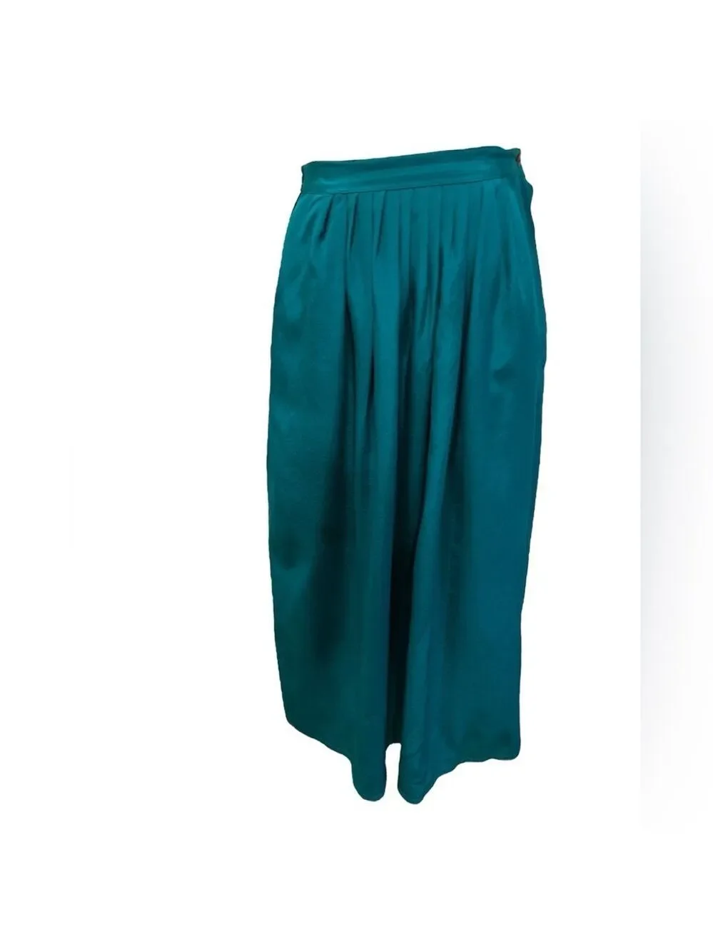 80s SILK TEAL GREEN GATHERED MIDI SKIRT W CONCEALED POCKET QUIET LUXURY SZ 6